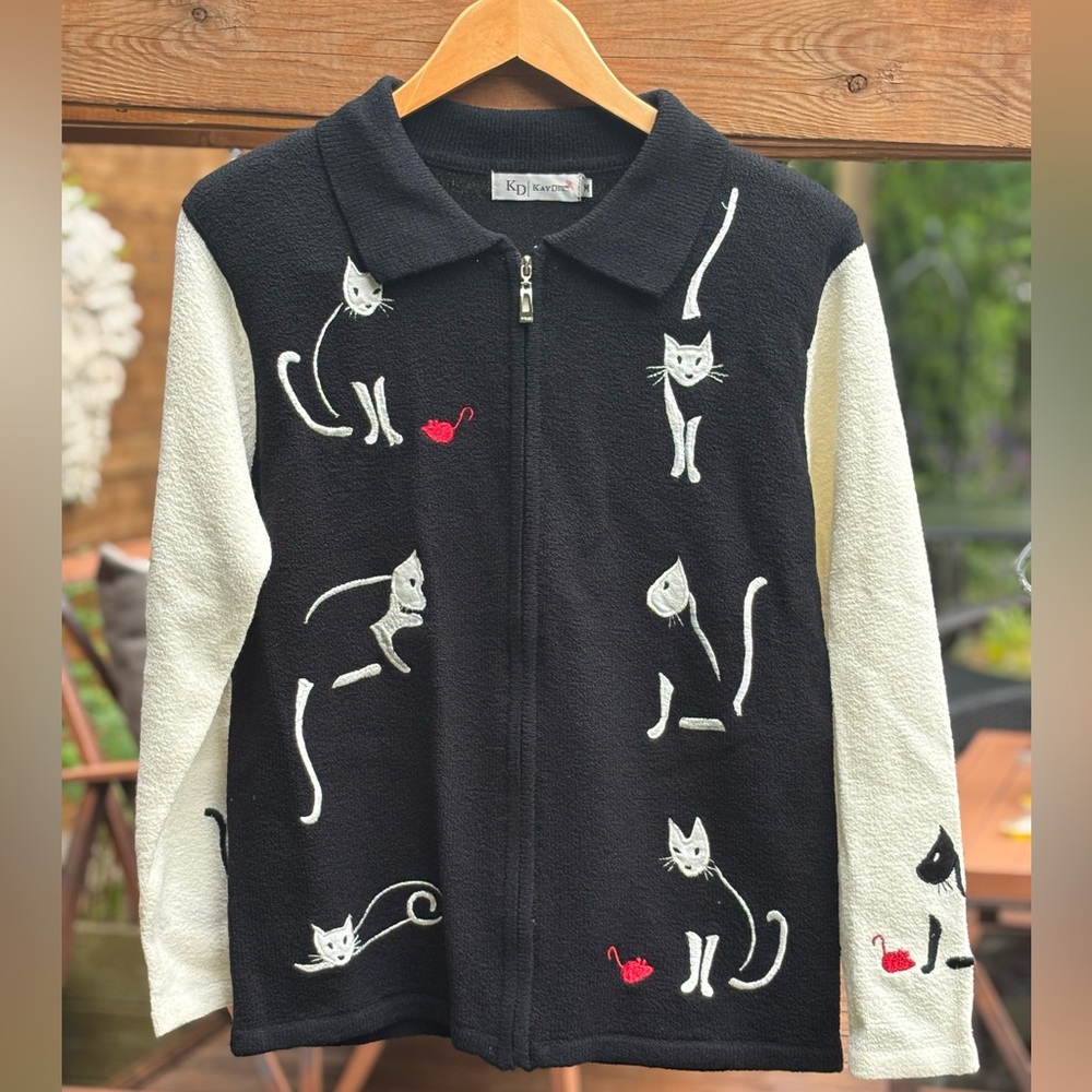 Black White Cat Embroidered Jacket, kitten, vintage Full Zip Cardigan Sweater